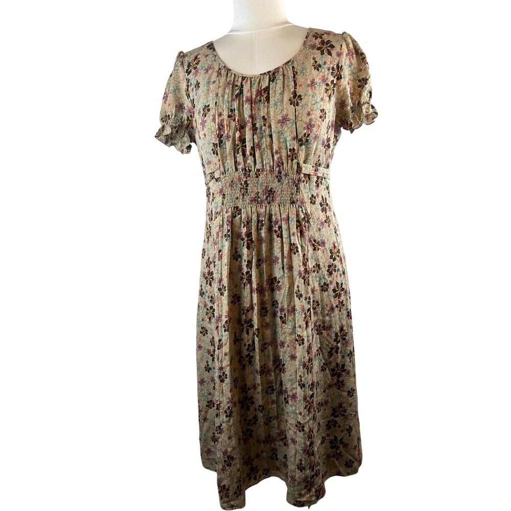 Sundance Silk Floral Smocked Waist Midi Dress Size 12 Boho Cottagecore Brown
